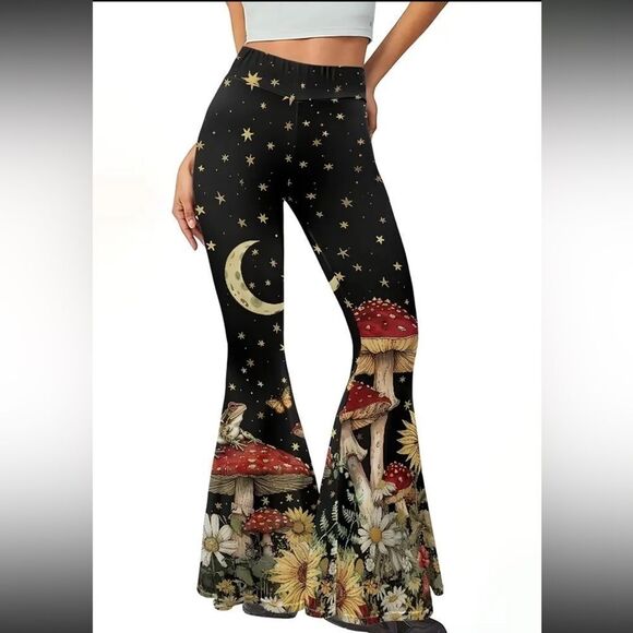 Celestial Black Flare Pants with Mushroom and Floral Art - Picture 1 of 10